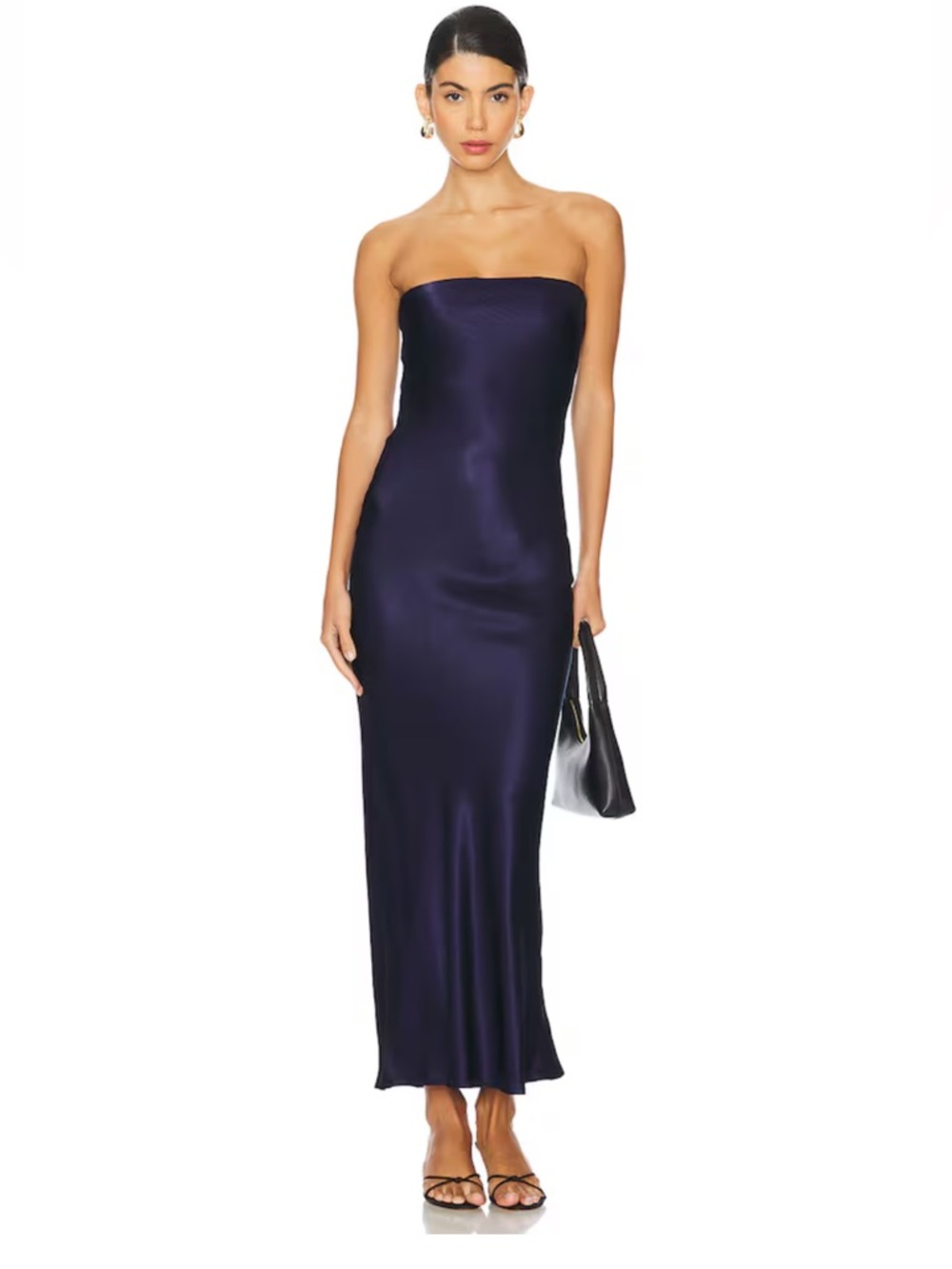 SNDYS Body Skimming Angel Strapless Silky Satin Navy Maxi Dress NEW SFD607 NEW